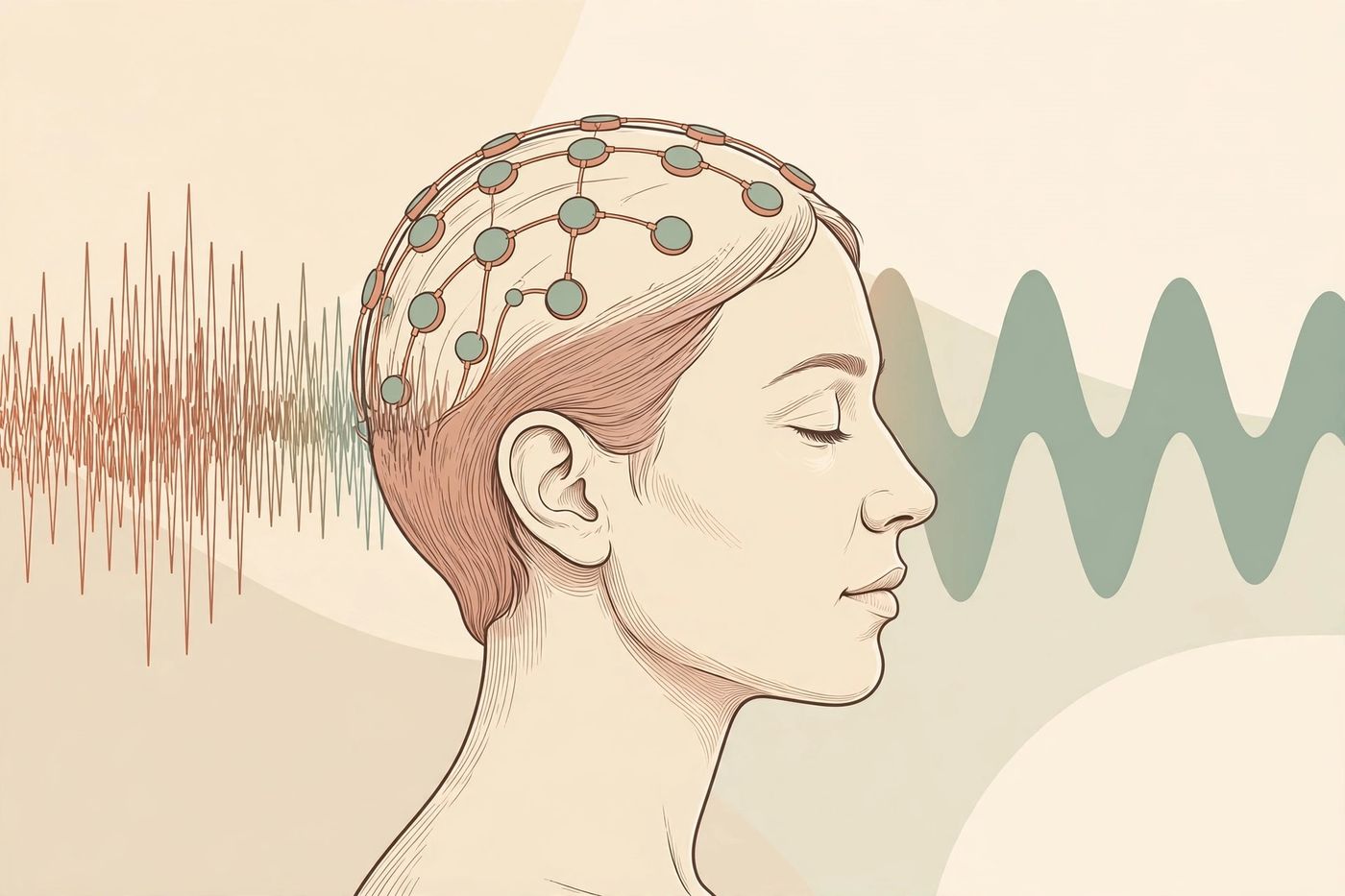 A relaxed person wearing an EEG electrode cap, with fast jagged brain waves settling into smooth, slow alpha waves