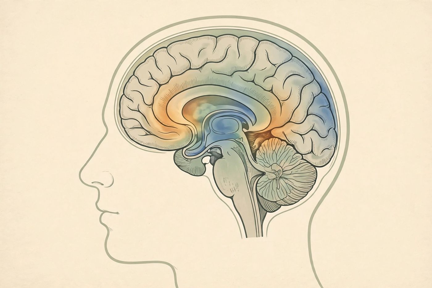 Brain cross-section in the style of an fMRI scan, showing the deep limbic regions involved in the brain's response to acupuncture
