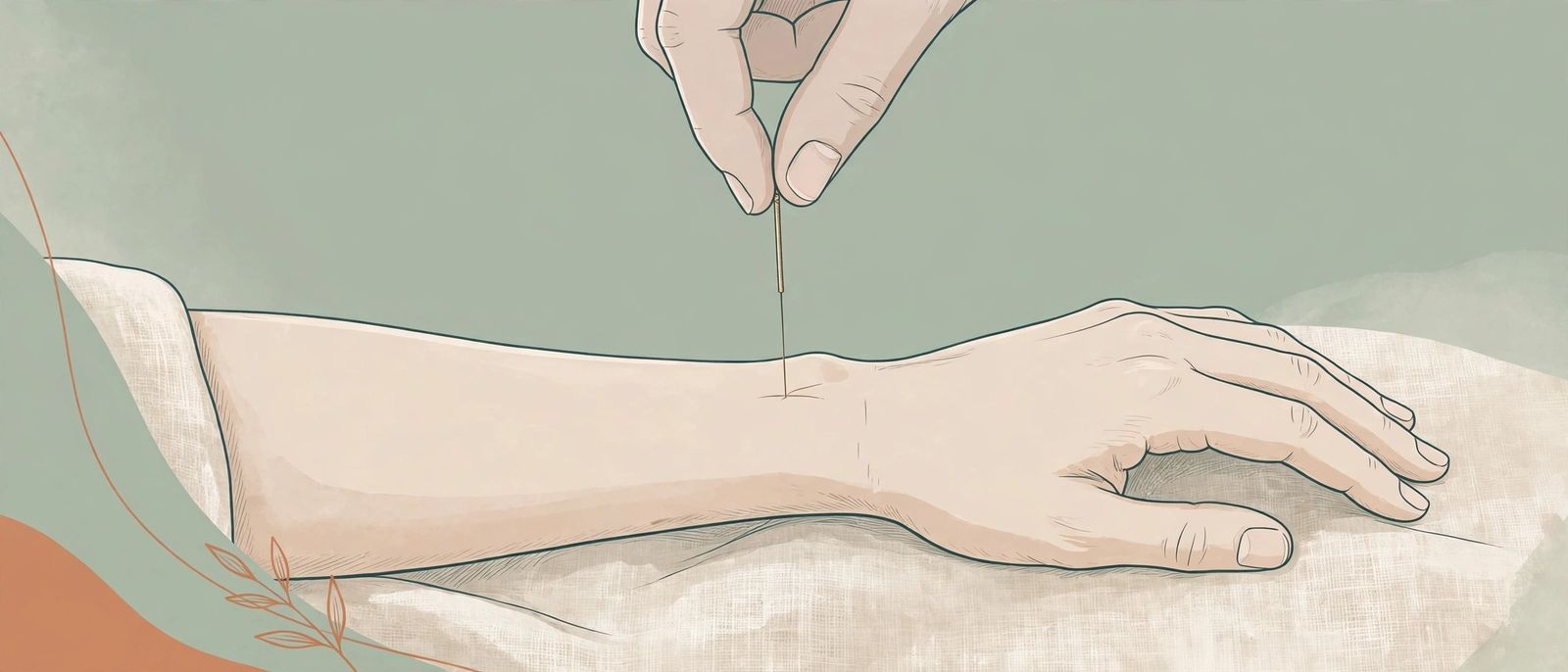 An acupuncturist's fingers gently placing a fine acupuncture needle into a patient's relaxed forearm