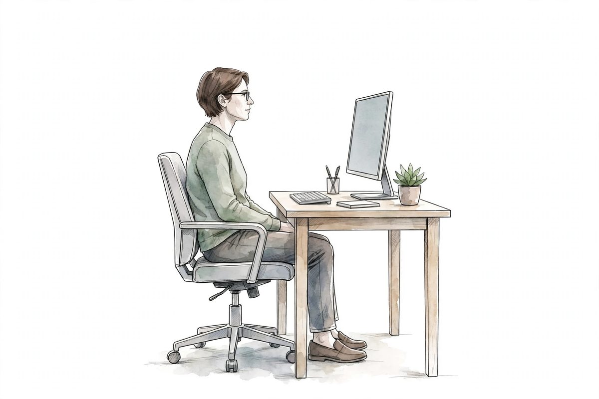 Watercolor sketch of a person sitting upright at a desk with the monitor at eye level