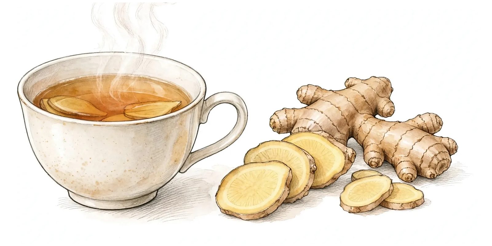 Watercolor sketch of a steaming cup of ginger tea beside fresh ginger root and slices