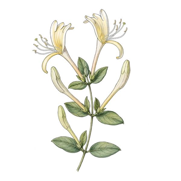 Botanical illustration of honeysuckle flower (Jin Yin Hua)