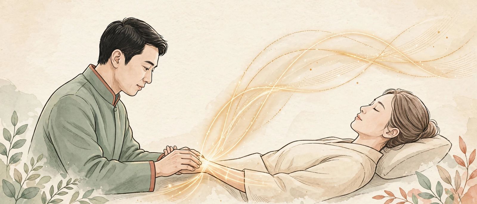 A practitioner gently taking a resting patient's wrist pulse, with soft golden streams of qi rising and falling above the body